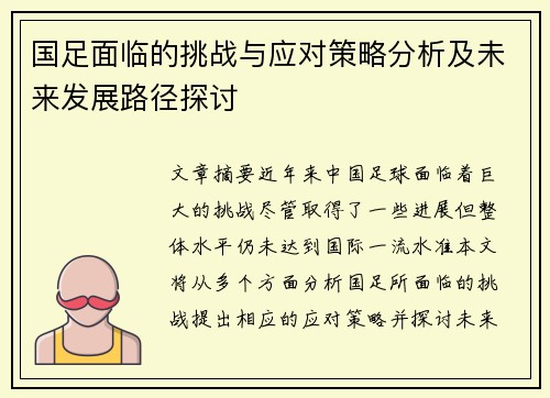 国足面临的挑战与应对策略分析及未来发展路径探讨